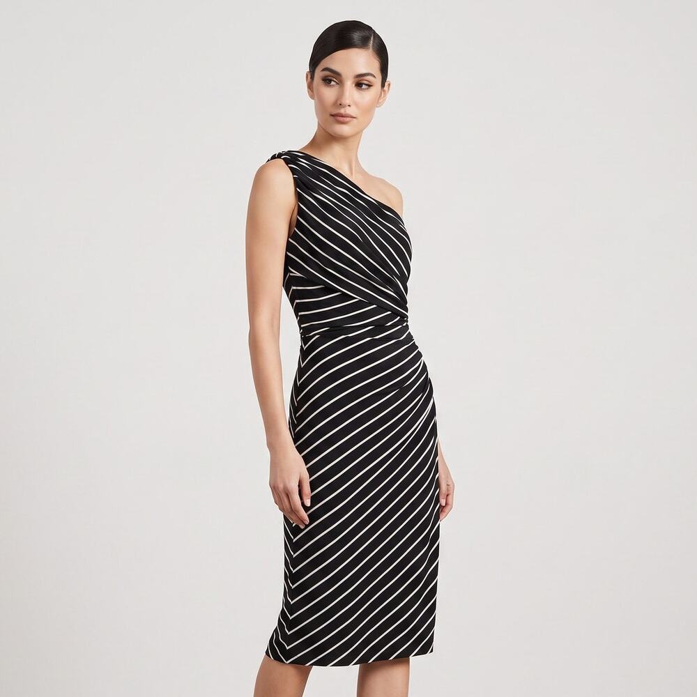 Ralph Lauren Striped One Shoulder Dress Size 14 Black White Ruched Asymmetrical